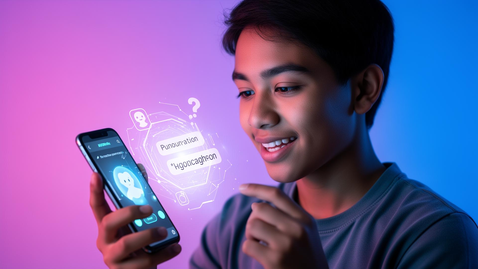 Young immigrant practicing English with an AI tutor on a phone